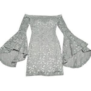 70’s Silver Metallic Bell Sleeve Dress Hippy Disco 60’s Mod XS Studio 54 Retro